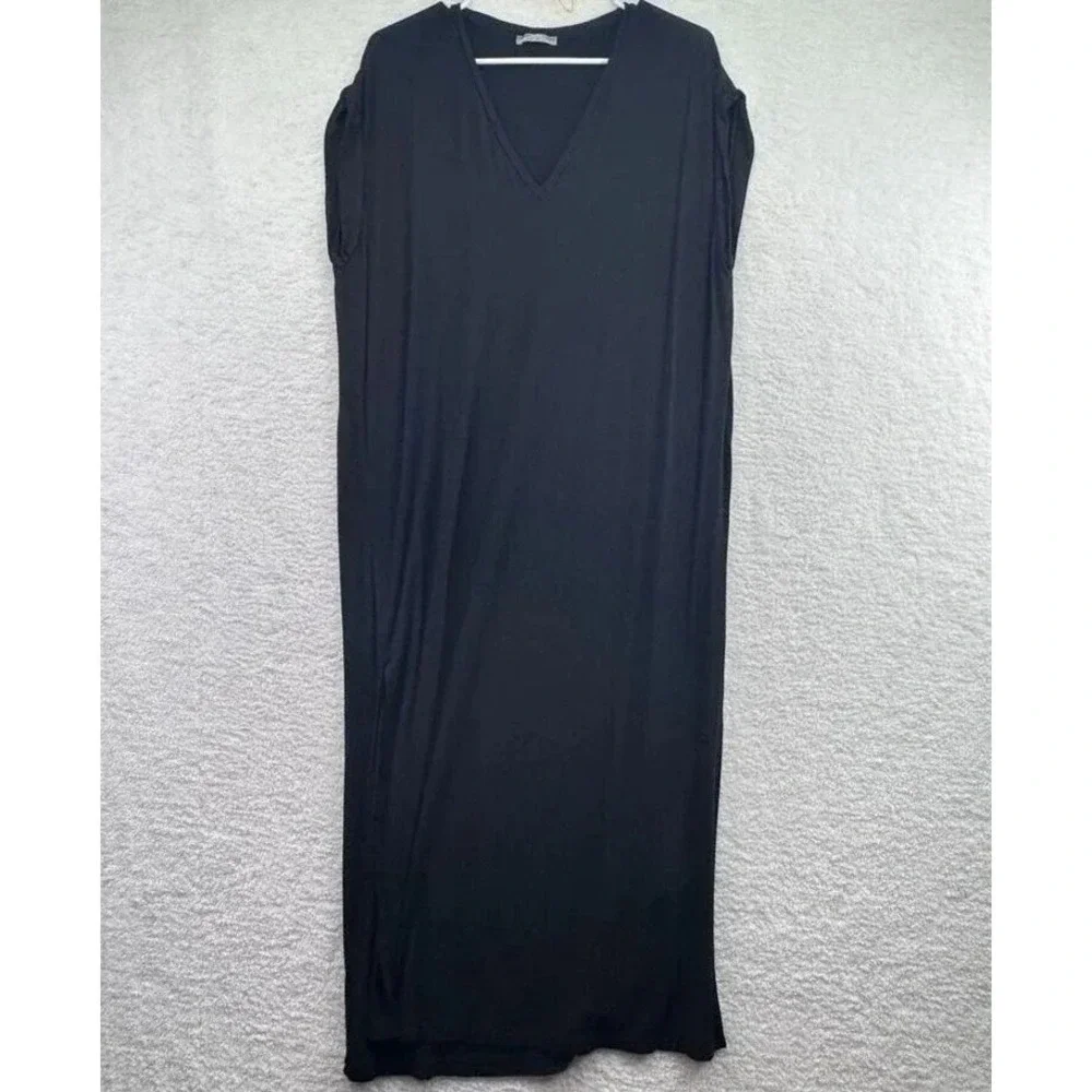 Zara Dress‎ Womens Large Black V Neck Maxi Short Sleeve Casual Stretch